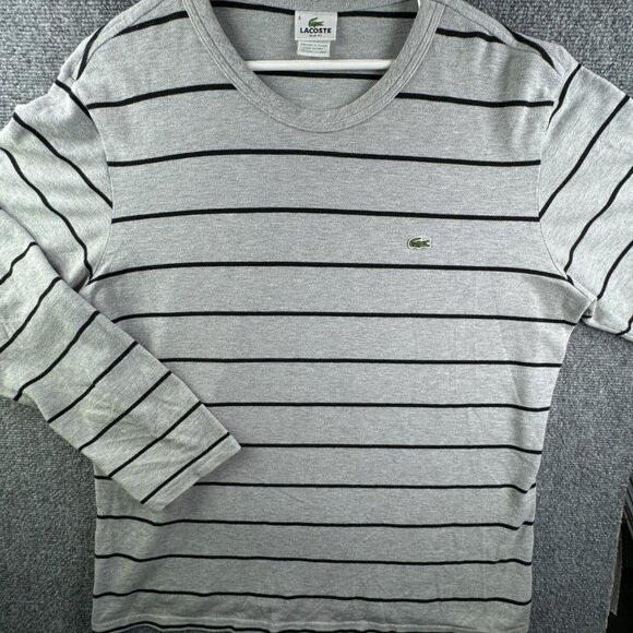 Lacoste Size 8 Slim Fit Striped Gray Sweater Pullover Knit Men Croc Logo Light - Picture 1 of 12